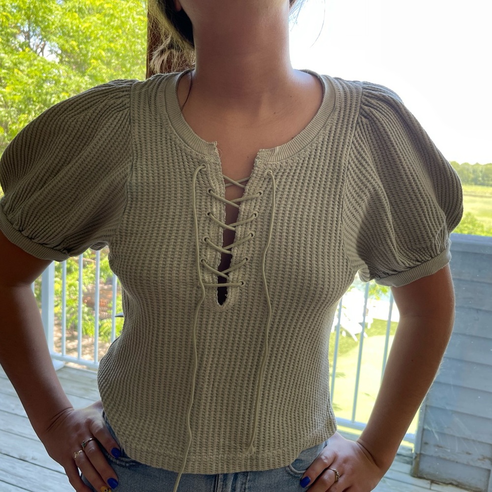 Free People Olive Lace-Up Blouse